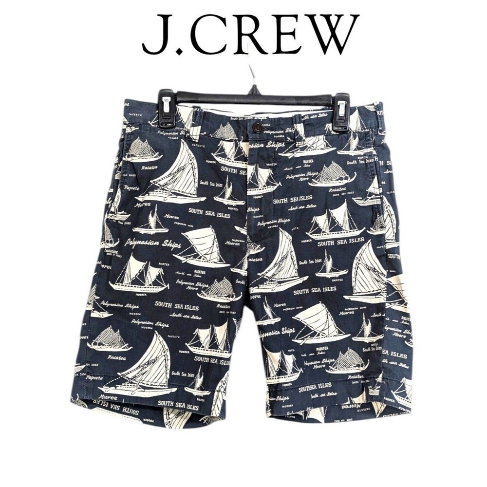 J. Crew Navy Blue South Seas Sailing Pattern Flat Front Chino Shorts Size 31 Men